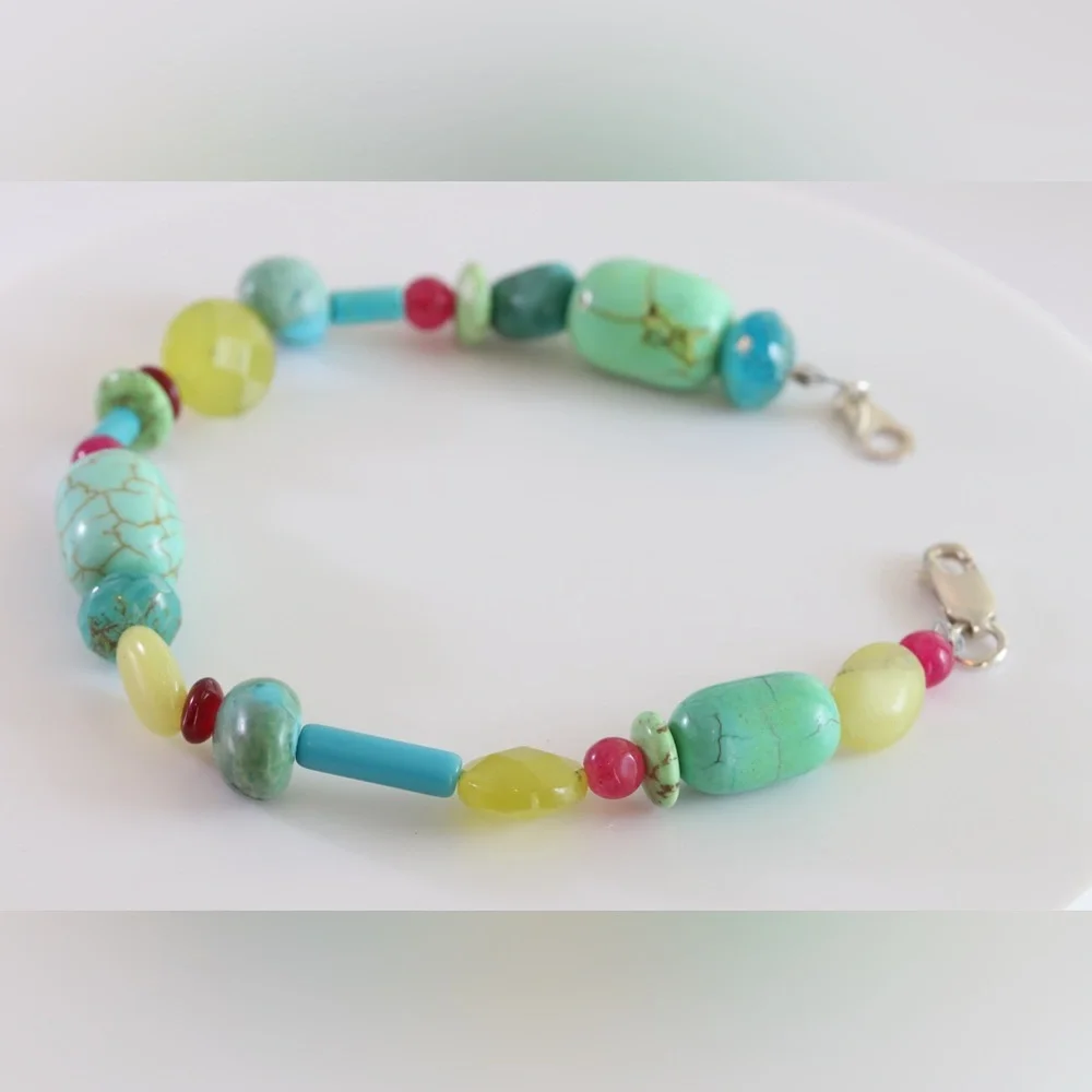 Handmade Turquoise & Aqua Gemstone Bracelet | Sterling Silver | 8”